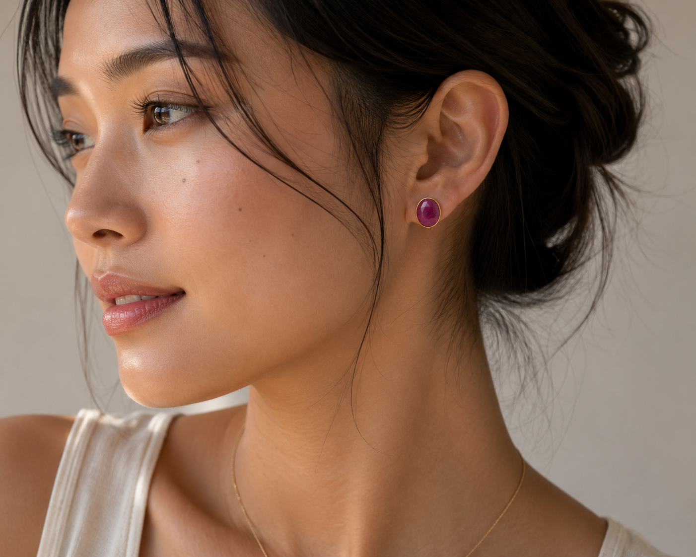 Yellow Gold Bezel-Set Purplish Red Ruby Stud Earrings
