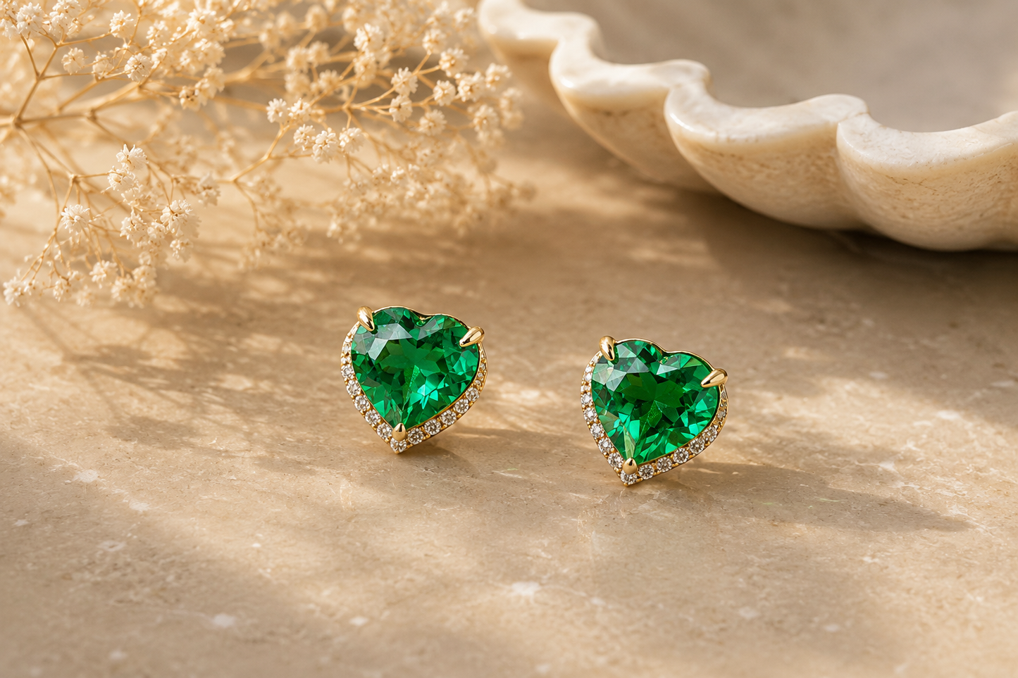 Heart-Shaped Emerald Stud Earrings in Yellow Gold