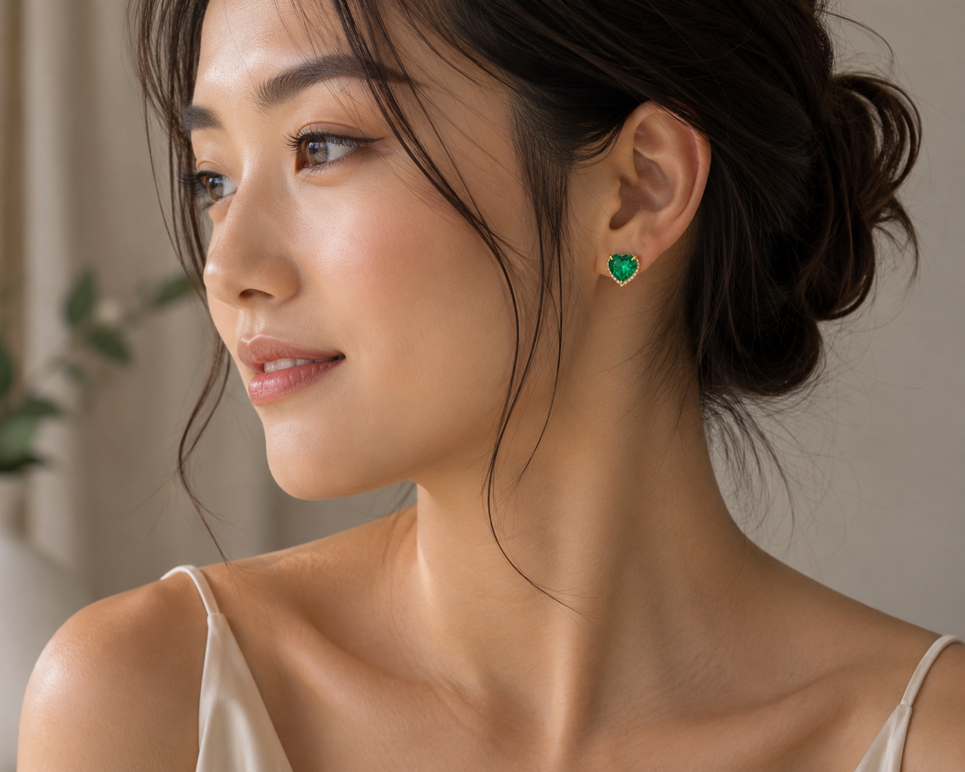 Heart-Shaped Emerald Stud Earrings in Yellow Gold