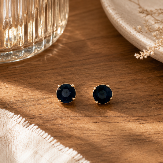 Round Deep Blue Sapphire Stud Earrings in Yellow Gold