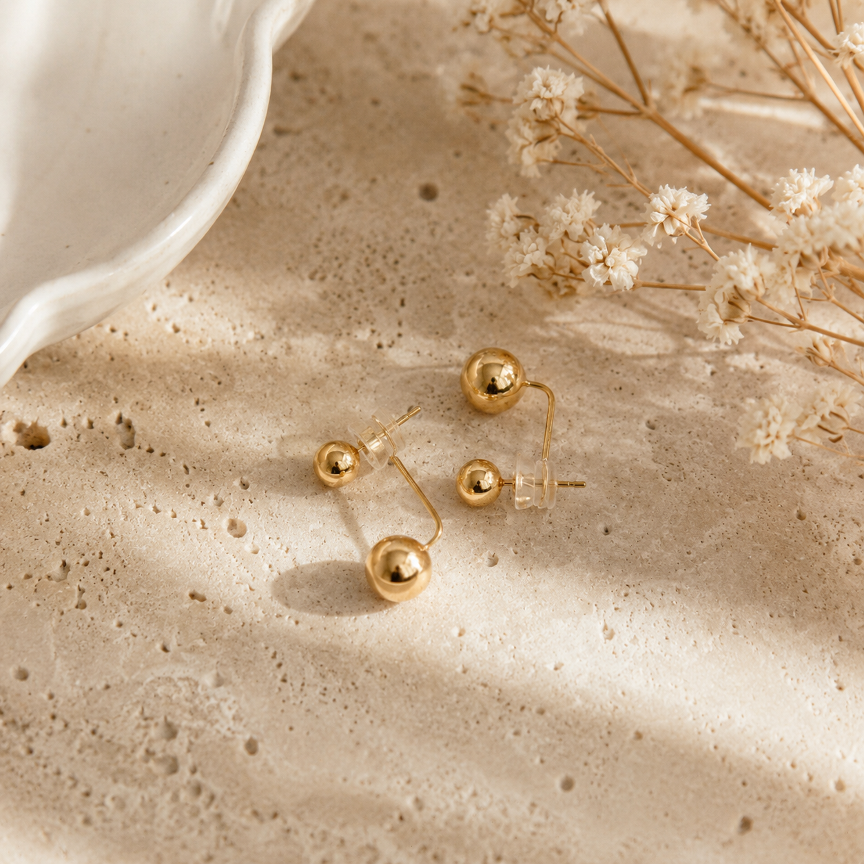 Yellow Gold Double Sphere Drop Earrings