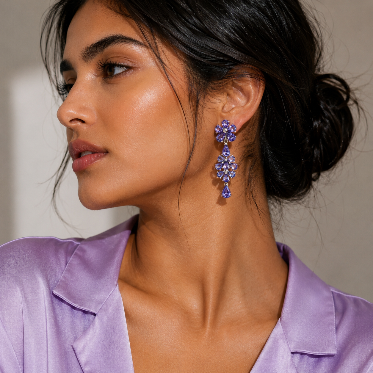 Tanzanite Floral Cluster Drop Earrings in White Gold