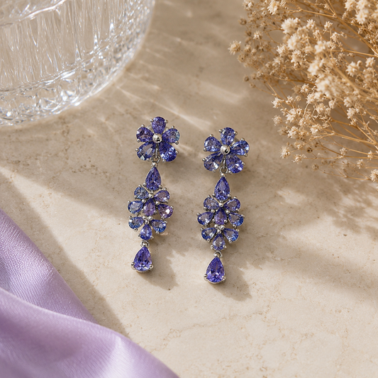 Tanzanite Floral Cluster Drop Earrings in White Gold