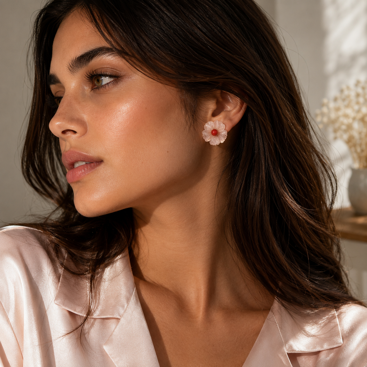 Carved Flower Coral Stud Earrings in Yellow Gold