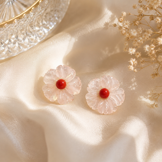 Carved Flower Coral Stud Earrings in Yellow Gold