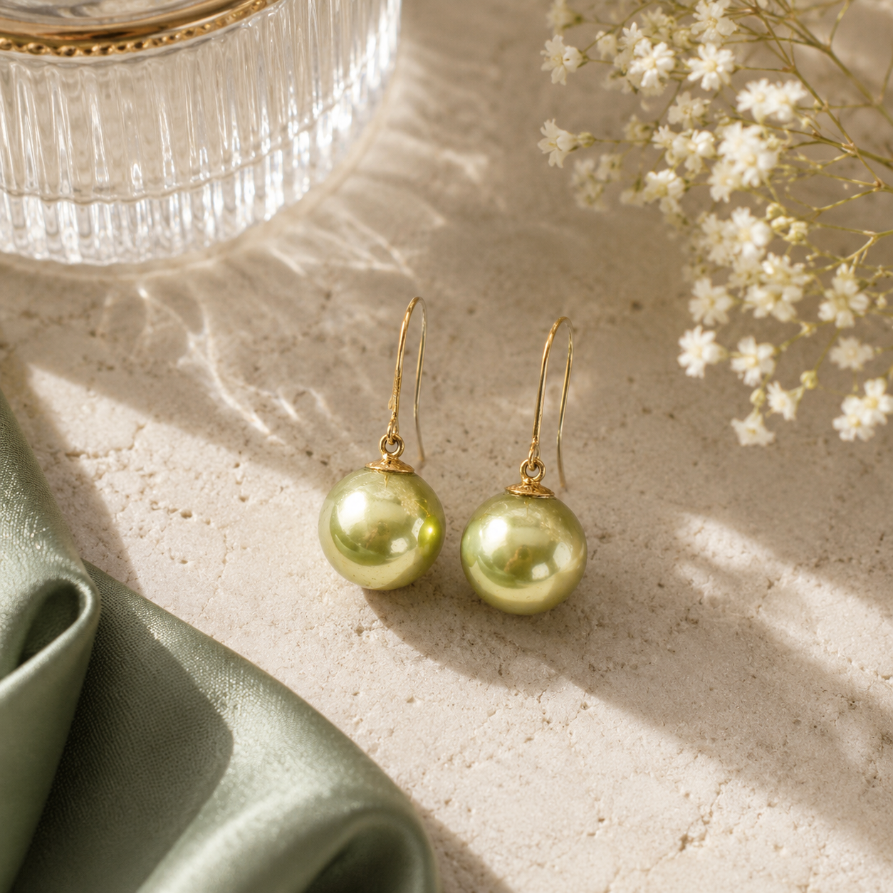 Yellow Gold Green Pearl Drop Earrings