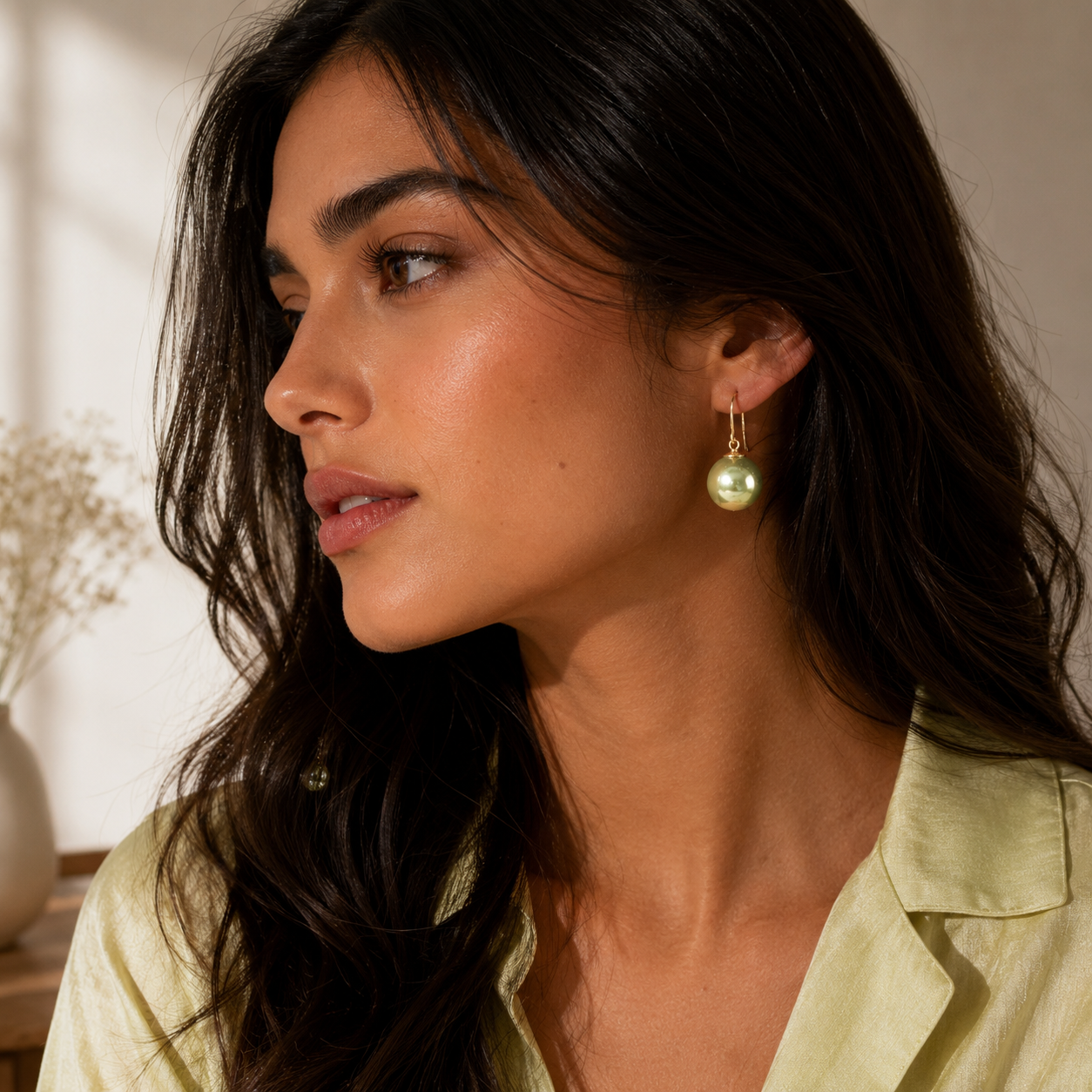 Yellow Gold Green Pearl Drop Earrings