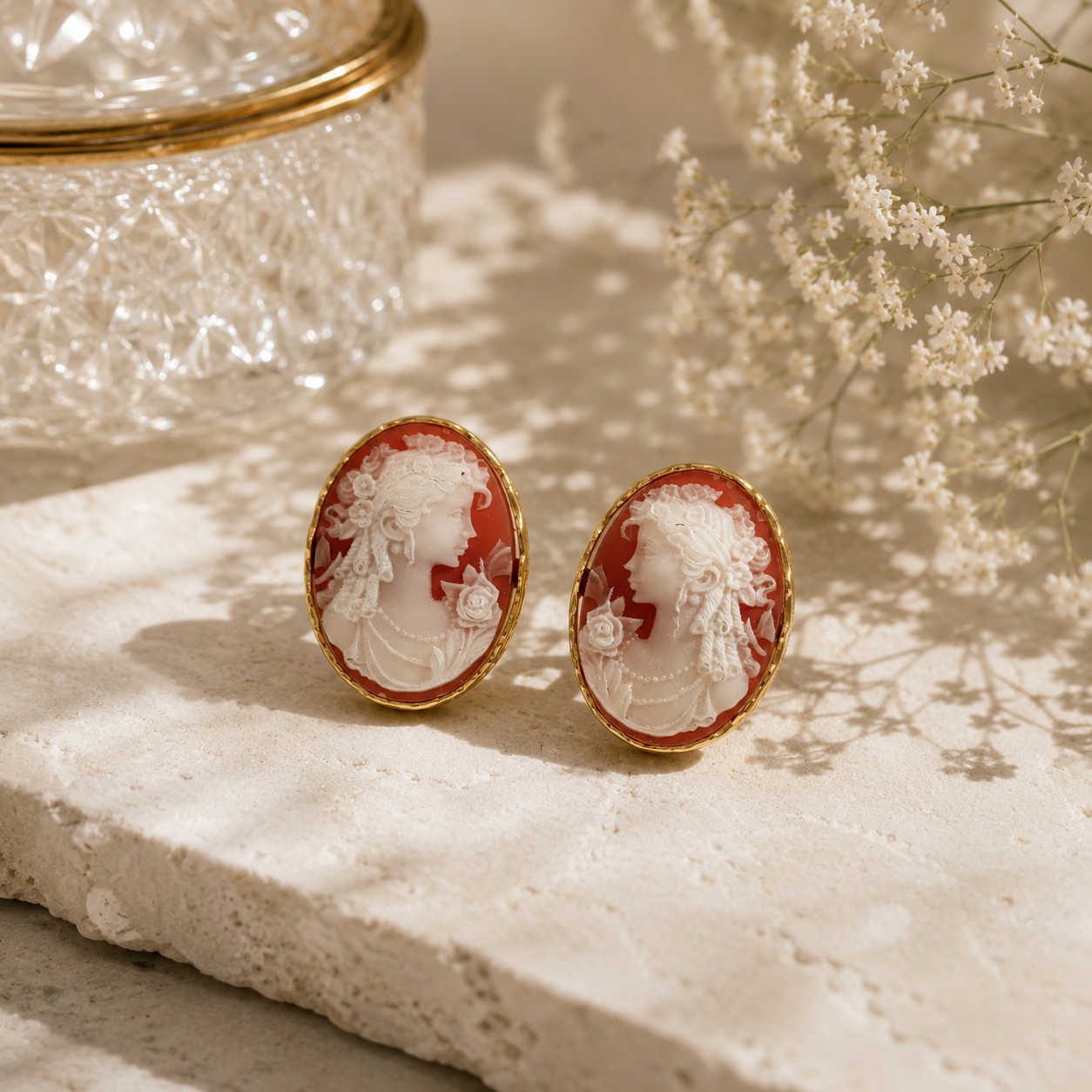 Yellow Gold Coral Cameo Stud Earrings