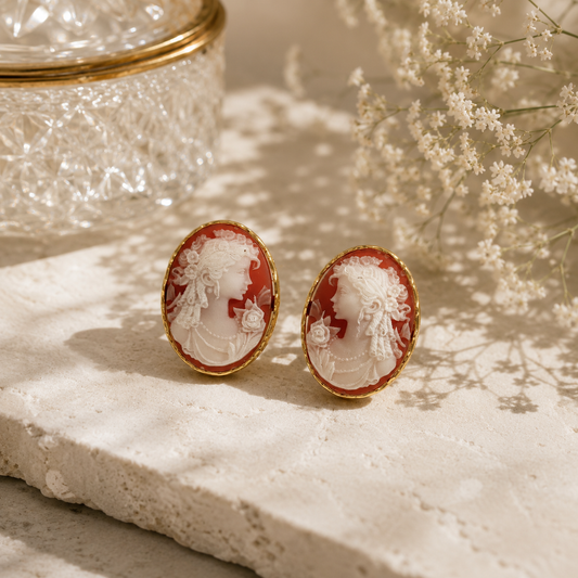 Yellow Gold Coral Cameo Stud Earrings