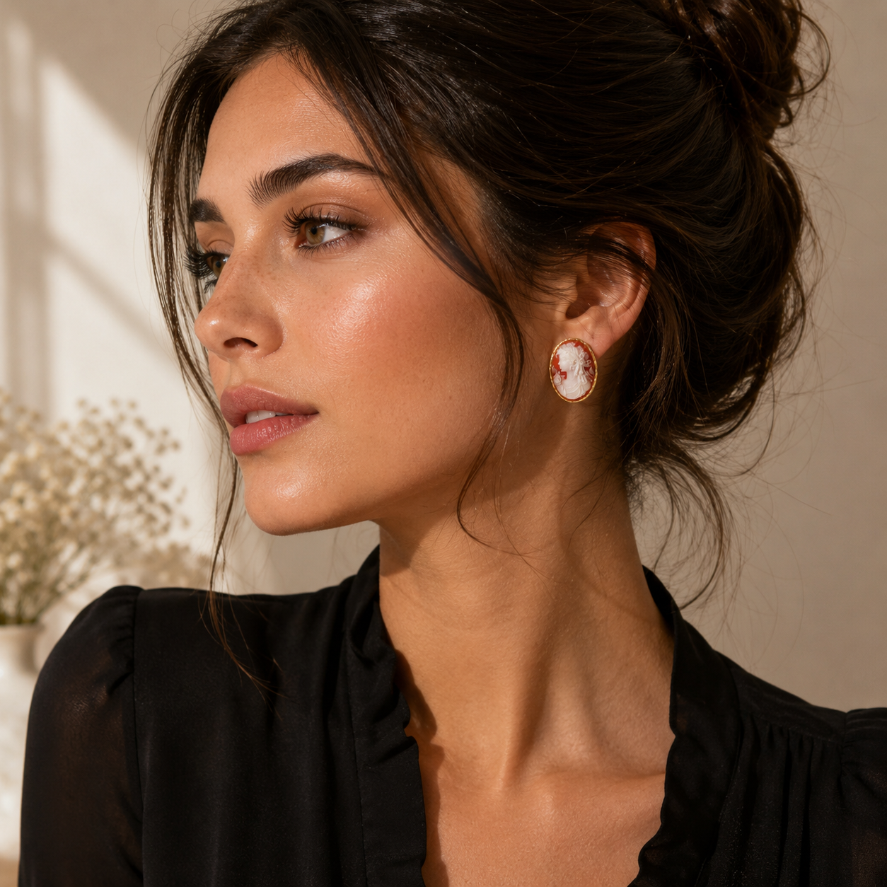 Yellow Gold Coral Cameo Stud Earrings