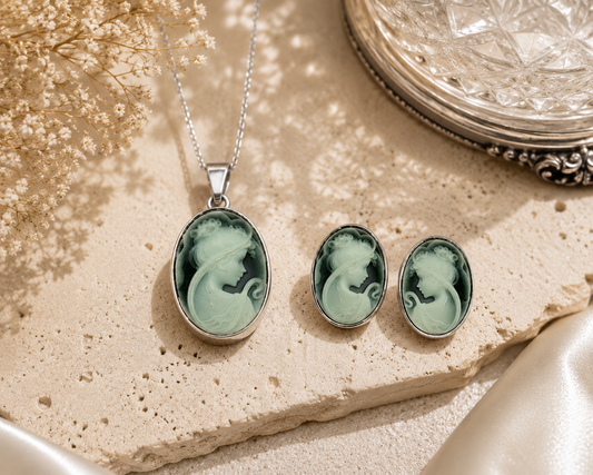 Vintage-Style Agate Cameo Stud Earrings in White Gold