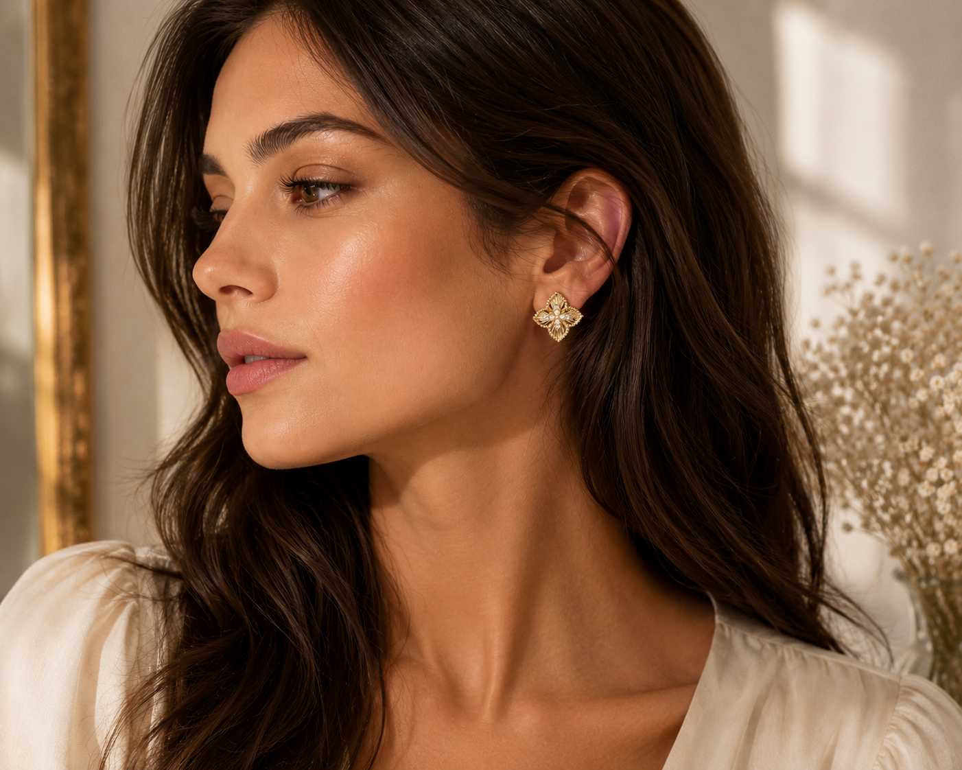 Textured Floral Diamond Stud Earrings in Yellow Gold