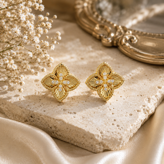 Textured Floral Diamond Stud Earrings in Yellow Gold