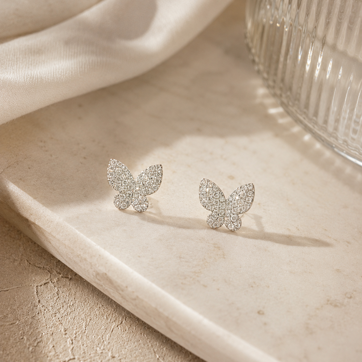 Lady Butterfly Diamond Stud Earrings in White Gold