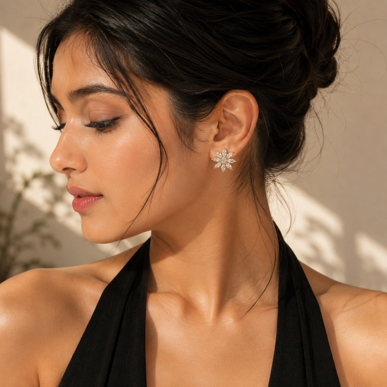 Diamond Floral Starburst Stud Earrings in Yellow Gold