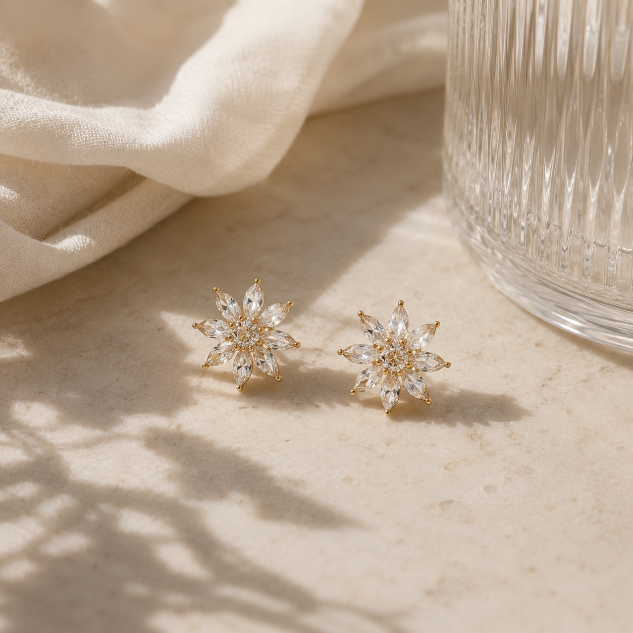 Diamond Floral Starburst Stud Earrings in Yellow Gold