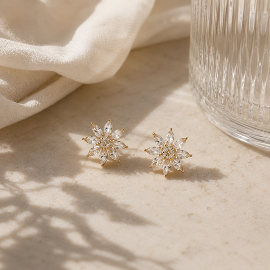 Diamond Floral Starburst Stud Earrings in Yellow Gold