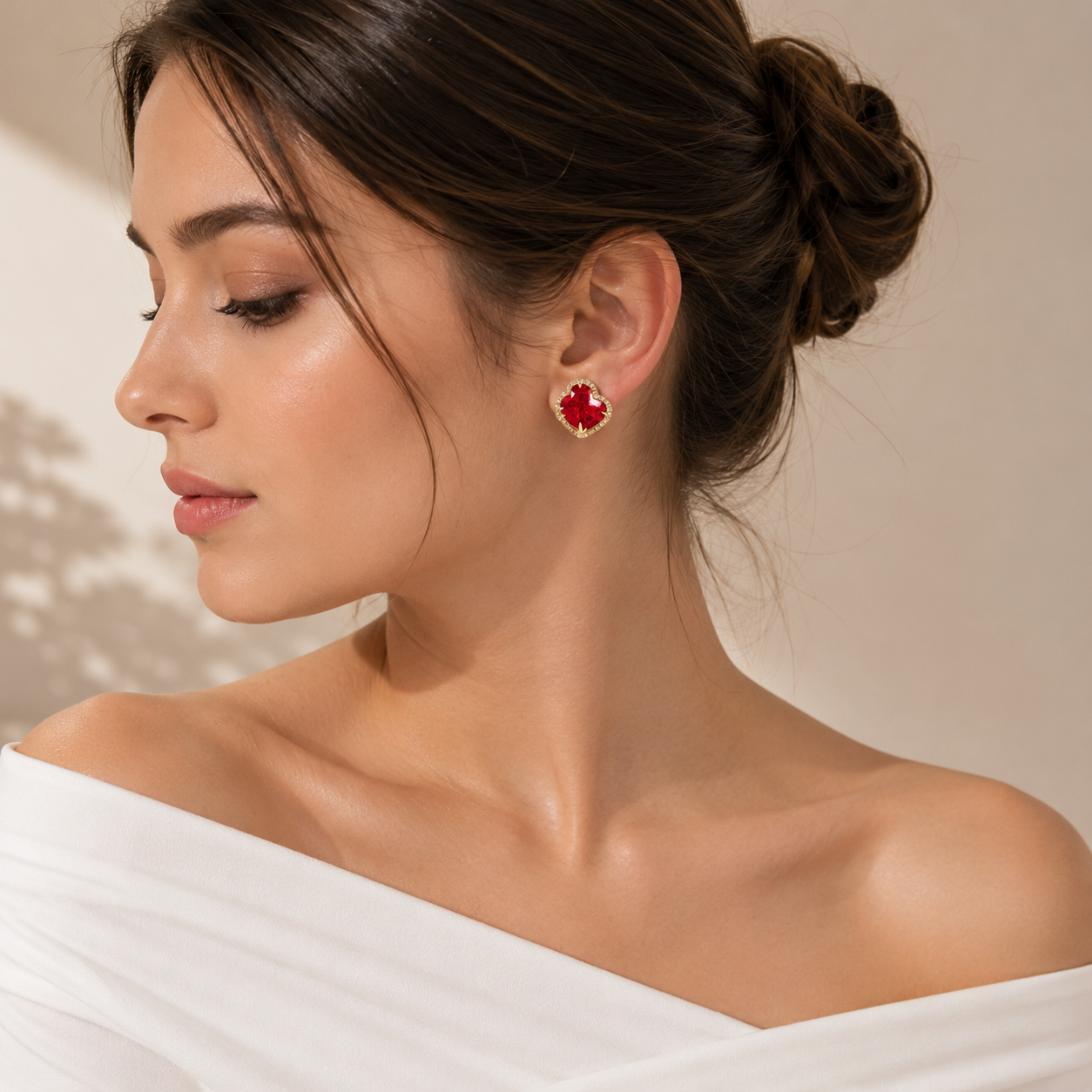 Yellow Gold Heart-Shaped Ruby Halo Stud Earrings