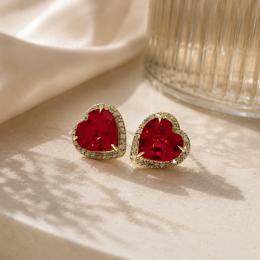 Yellow Gold Heart-Shaped Ruby Halo Stud Earrings