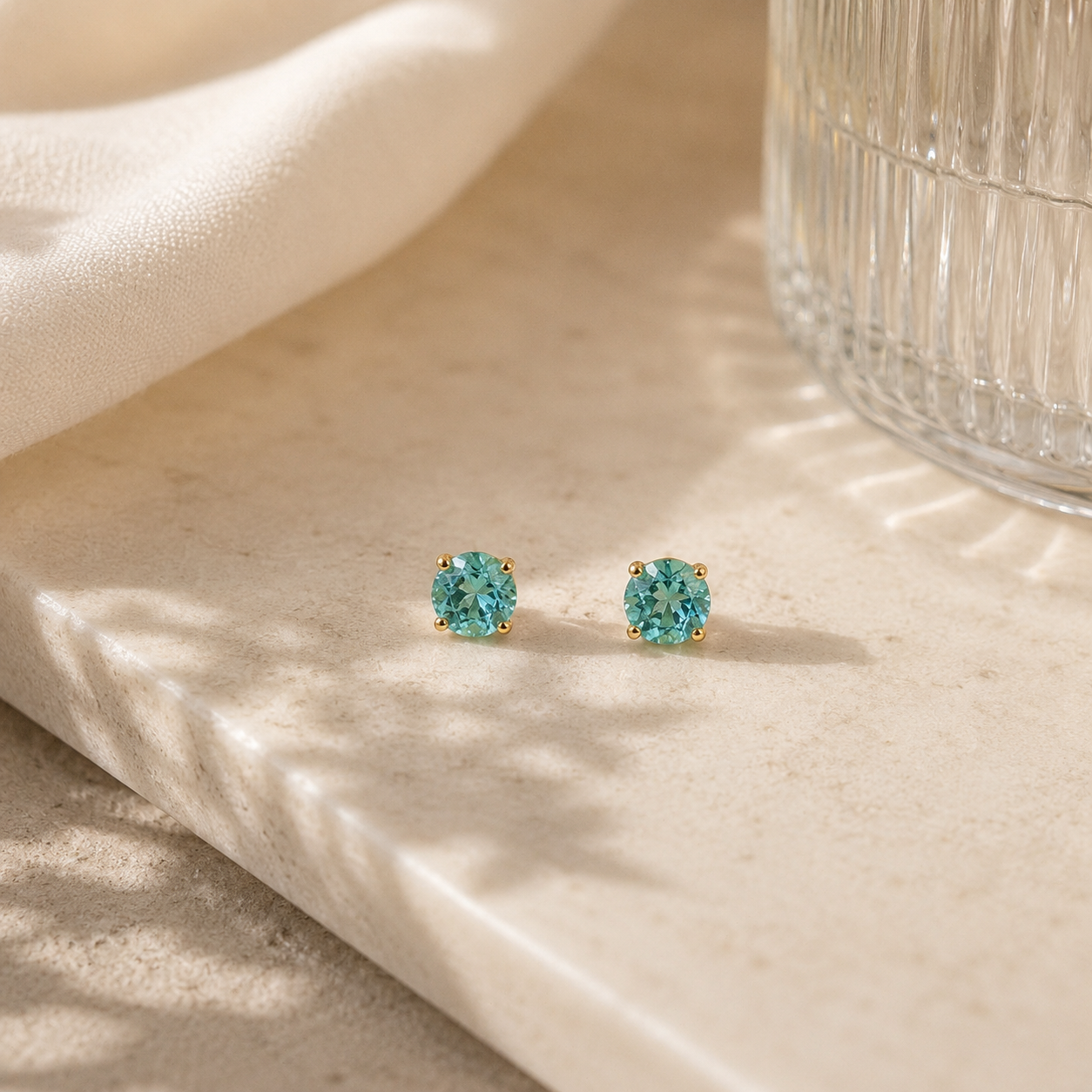 Yellow Gold Round Blue-Green Tourmaline Stud Earrings