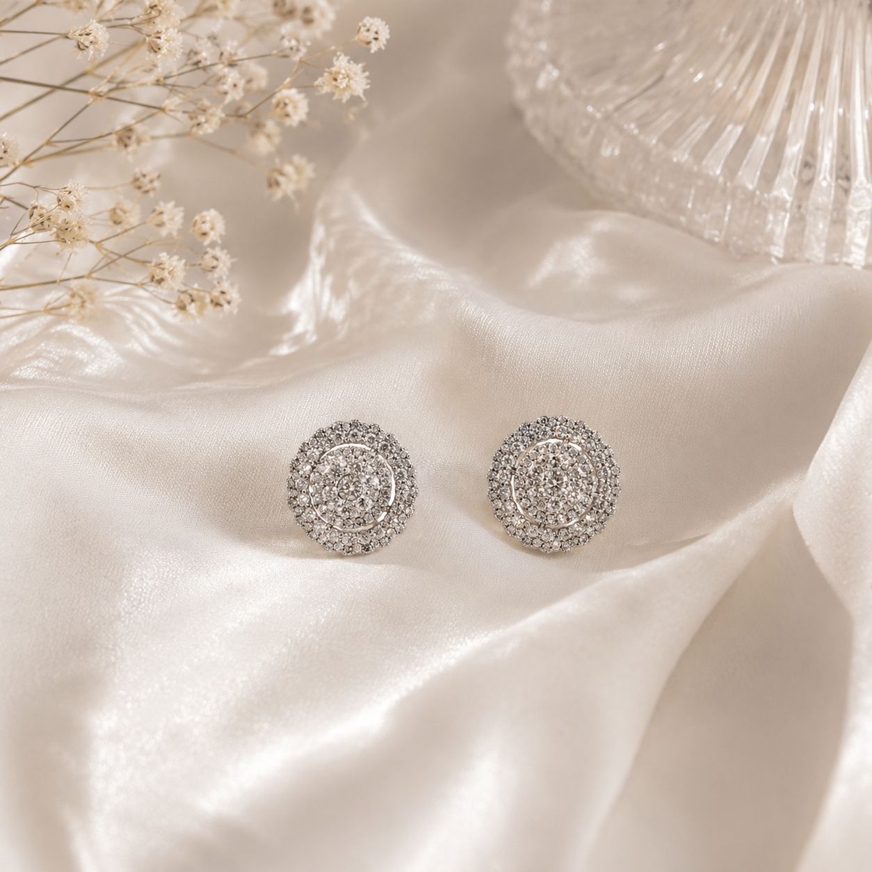 Diamond Concentric Circle Cluster Earrings in White Gold