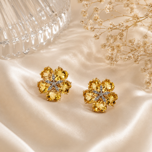 Yellow Gold Citrine Flower Stud Earrings