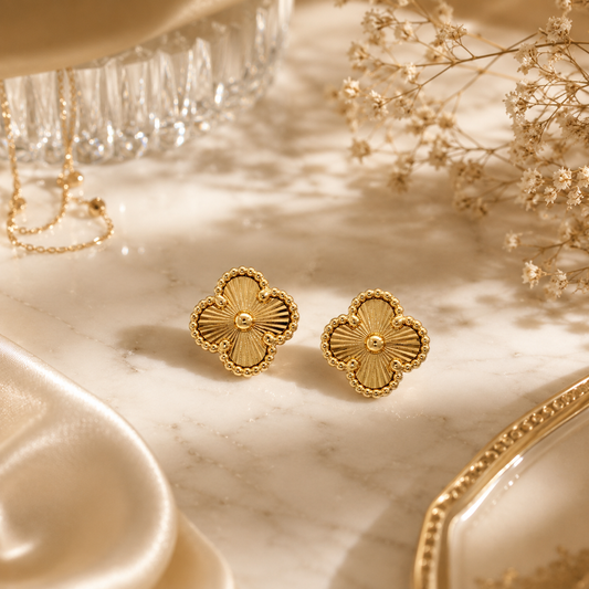 Textured Clover Motif Stud Earrings in Yellow Gold