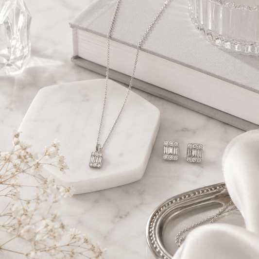 White Gold Baguette Diamond Cluster Stud Earrings