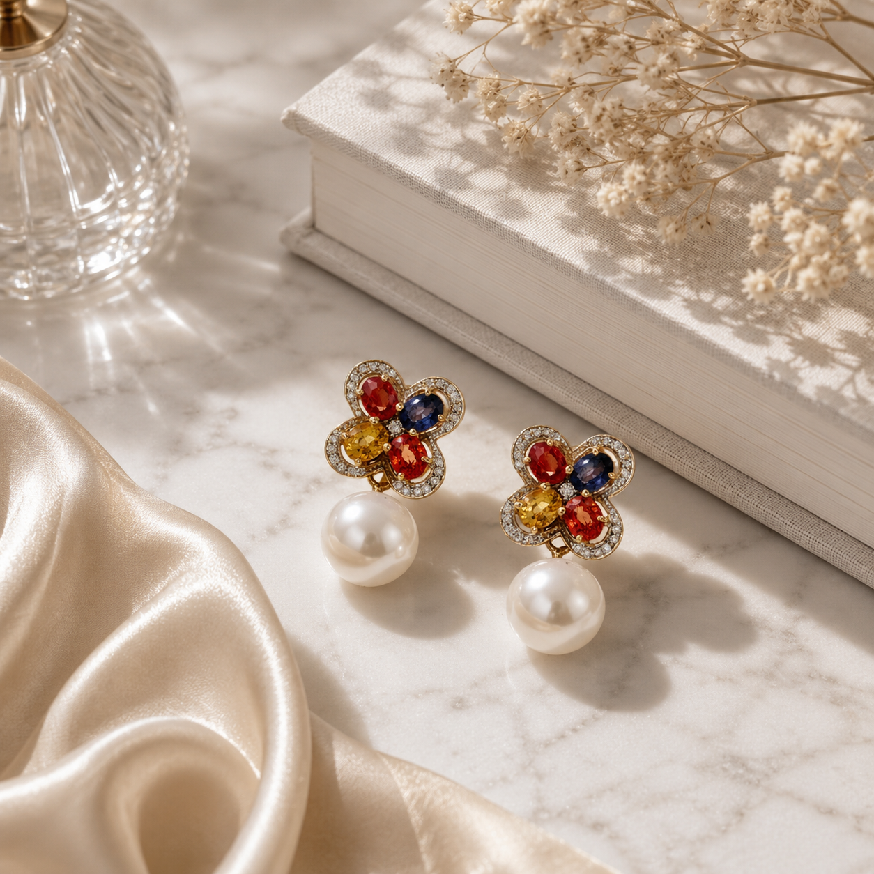 Yellow Gold Multi-Gemstone Floral Pearl Drop Earrings