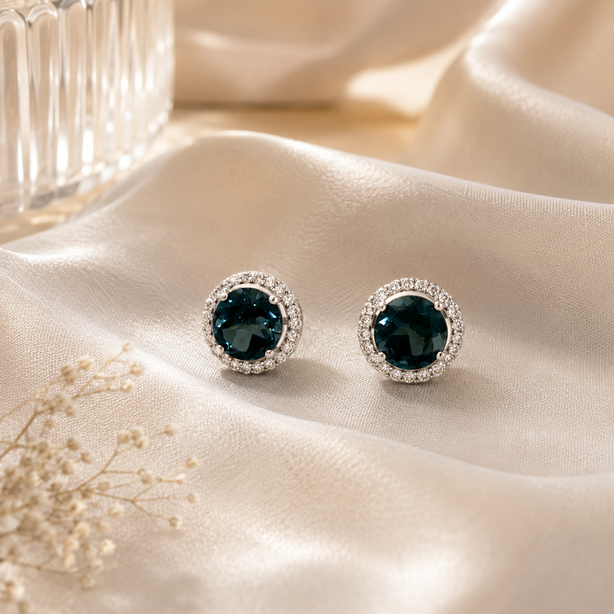 Round Topaz and White Gold Halo Stud Earrings