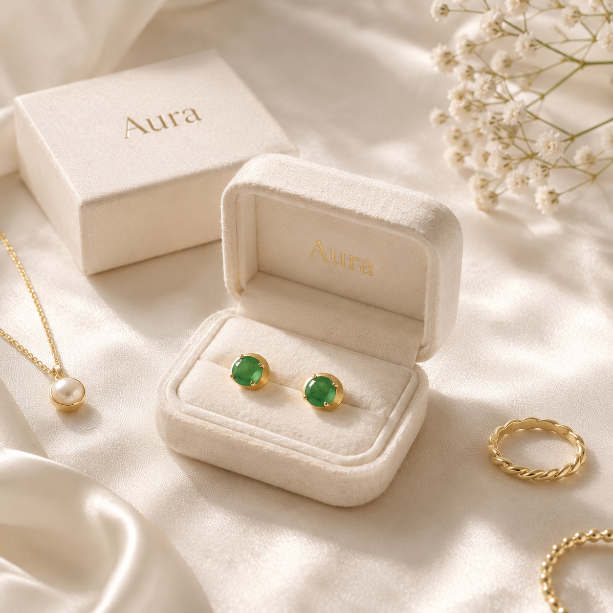 Round Emerald Stud Earrings in Yellow Gold