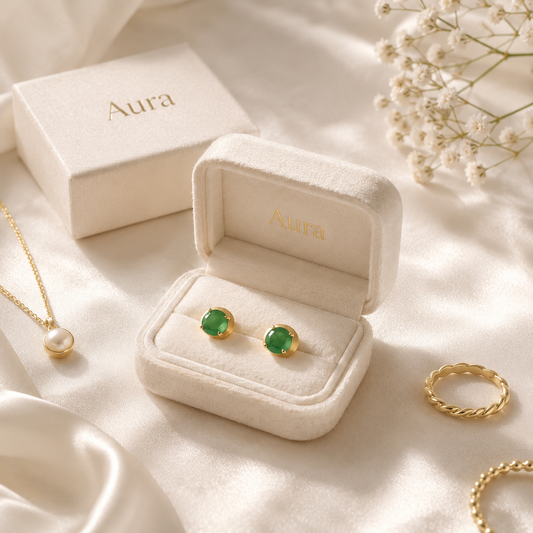 Round Emerald Stud Earrings in Yellow Gold