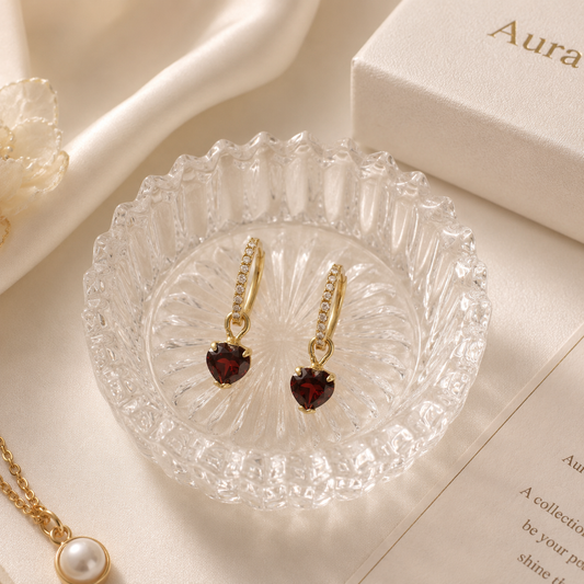 Heart-Shaped Garnet Drop Earrings in Yellow Gold