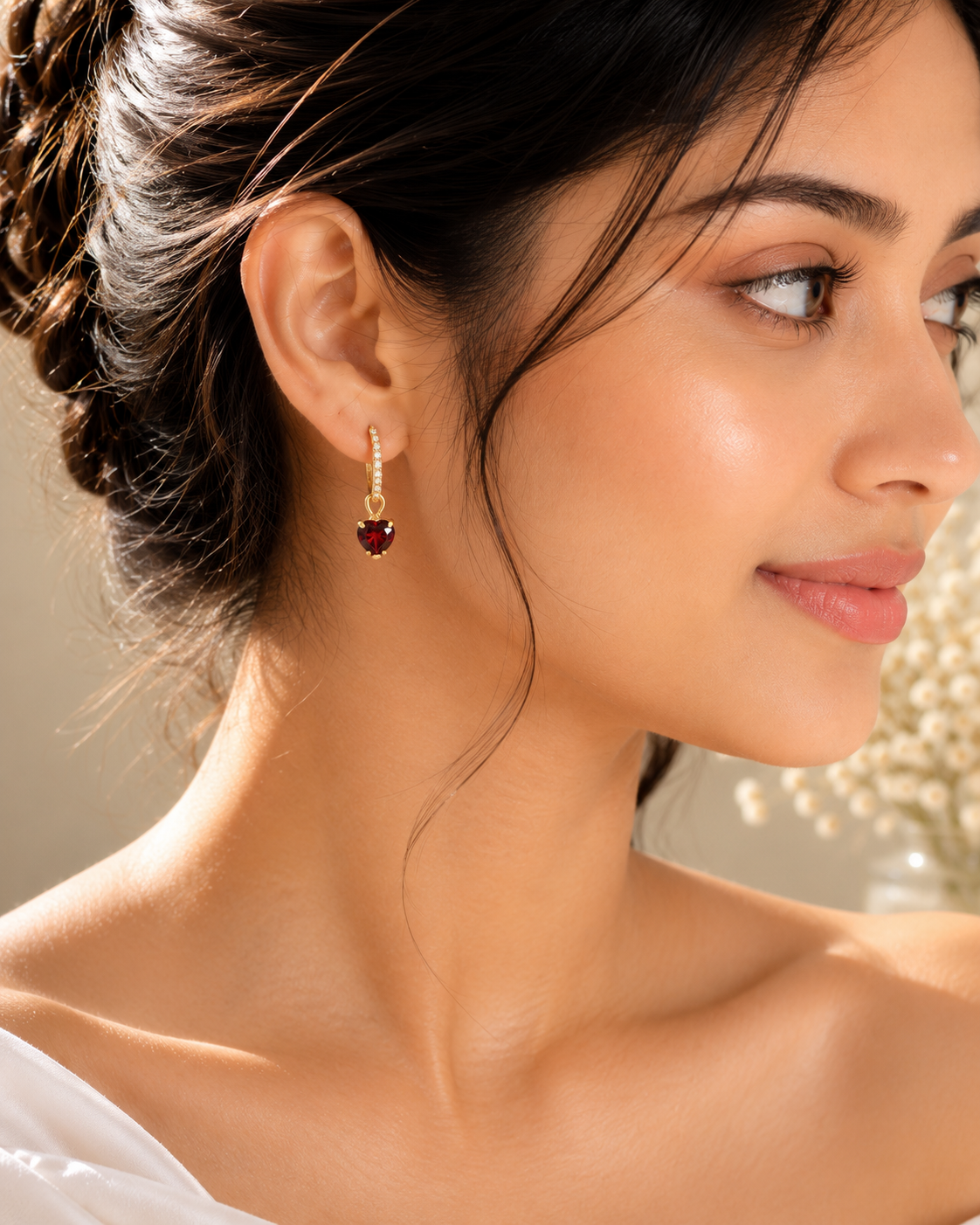 Heart-Shaped Garnet Drop Earrings in Yellow Gold