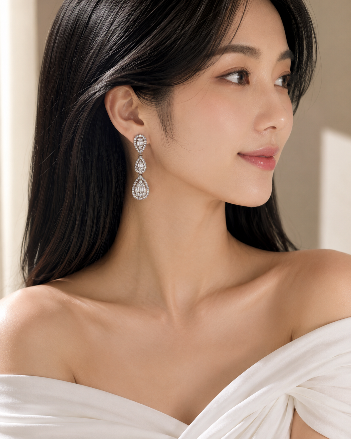 Triple Teardrop Diamond Halo Drop Earrings in White Gold