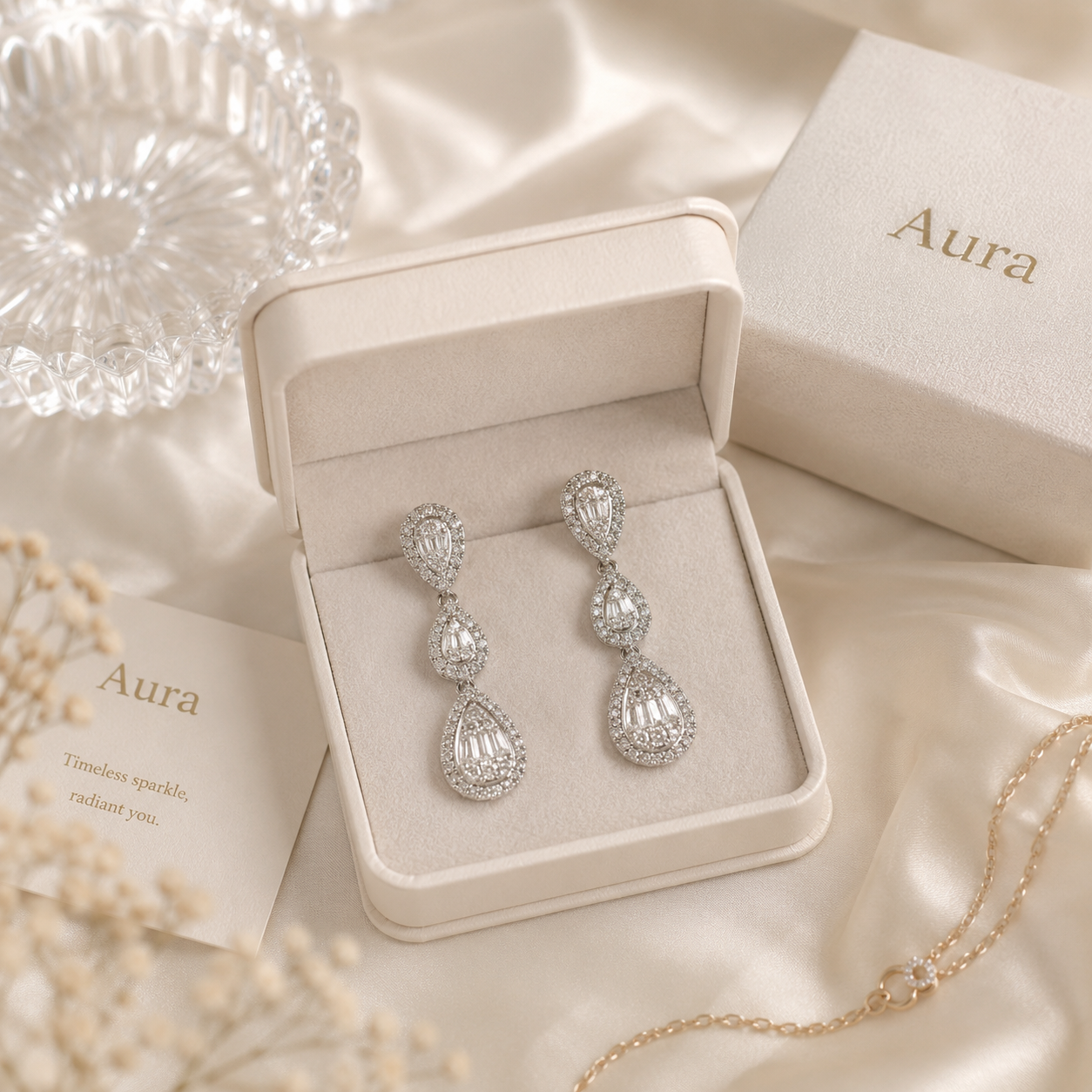 Triple Teardrop Diamond Halo Drop Earrings in White Gold