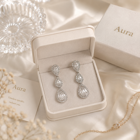 Triple Teardrop Diamond Halo Drop Earrings in White Gold