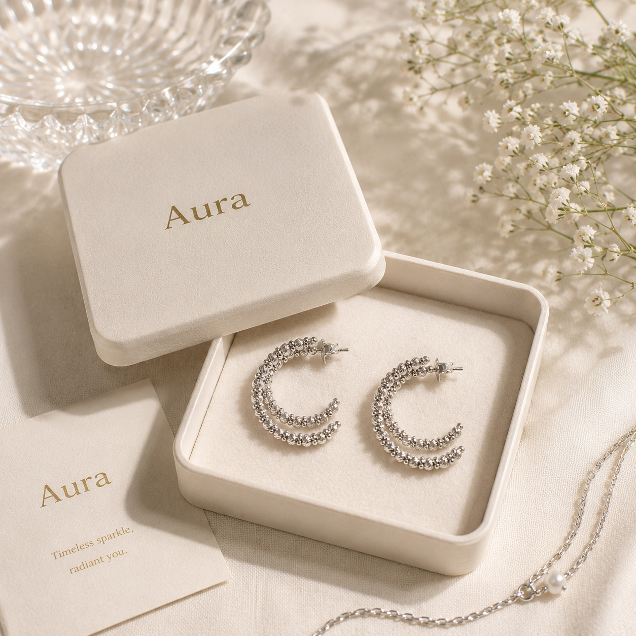 White Gold Textured Bead Double Row Hoop Earrings