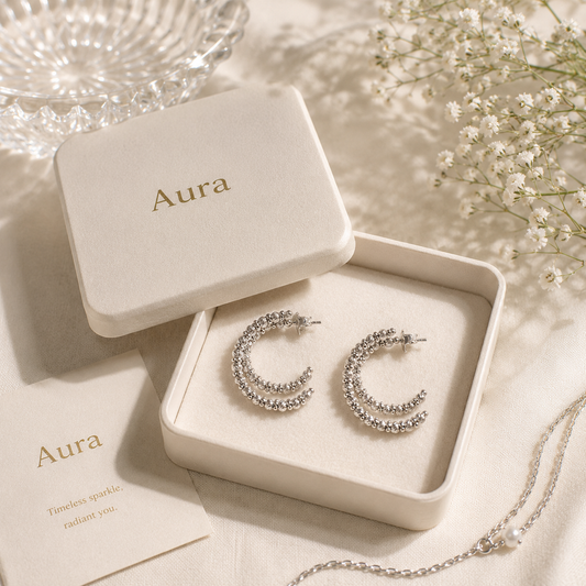 White Gold Textured Bead Double Row Hoop Earrings