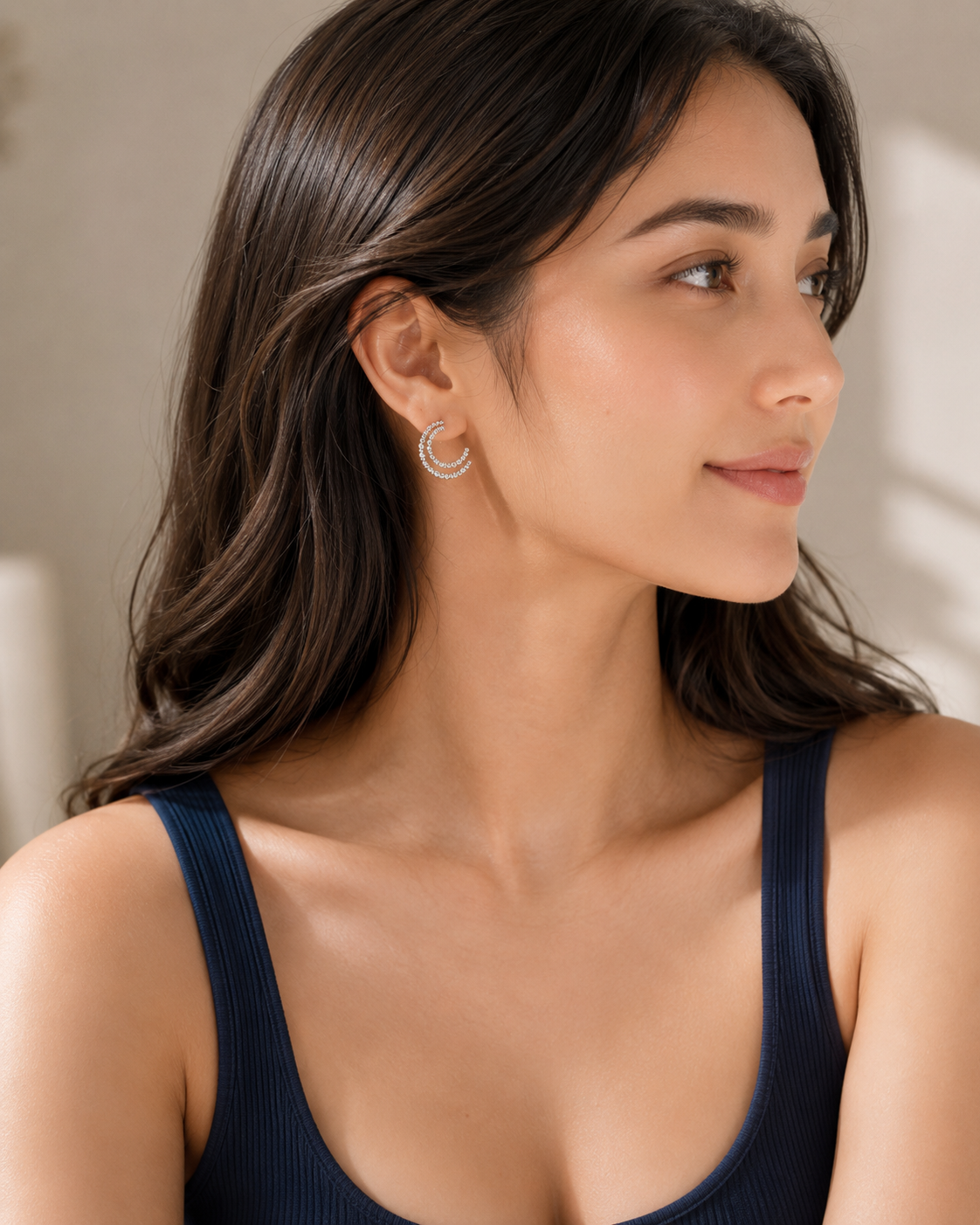 White Gold Textured Bead Double Row Hoop Earrings
