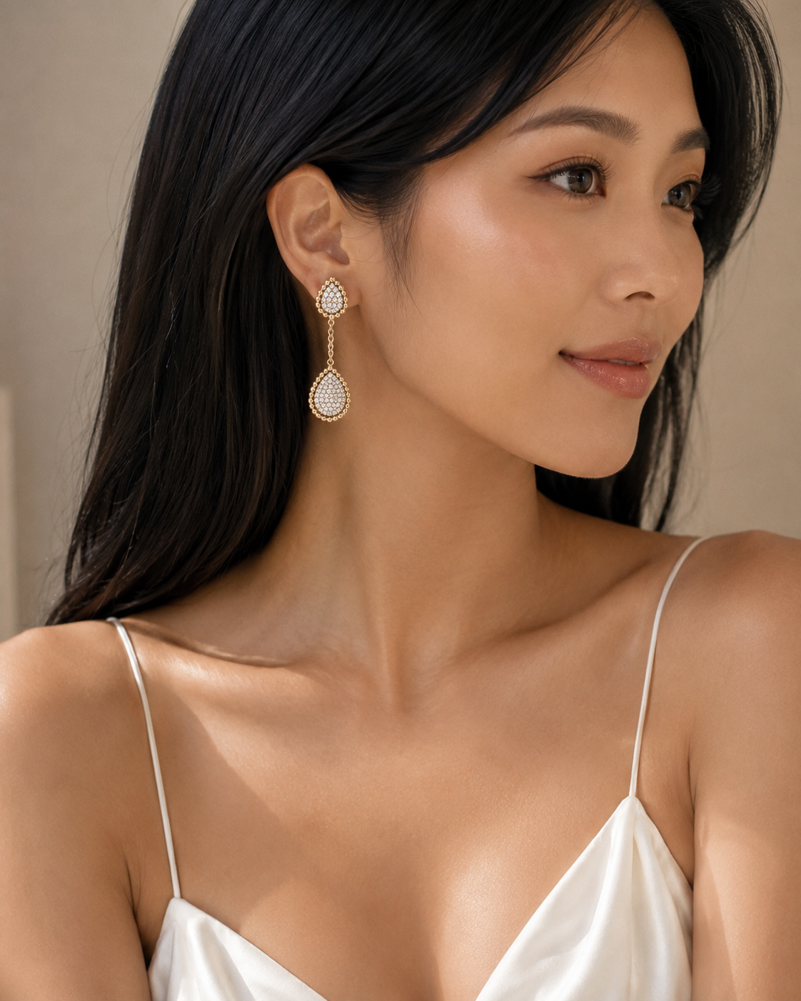 Yellow Gold Diamond Pave Teardrop Drop Earrings