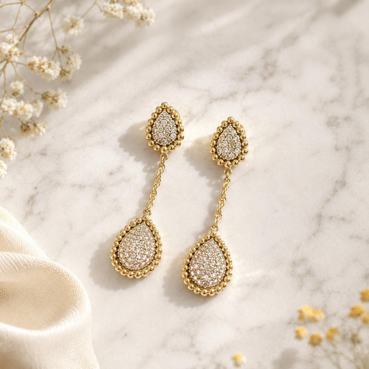 Yellow Gold Diamond Pave Teardrop Drop Earrings