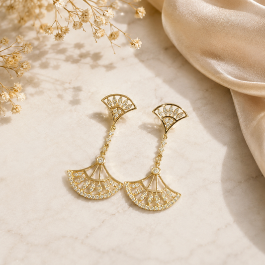 Yellow Gold Diamond Openwork Fan Dangle Earrings