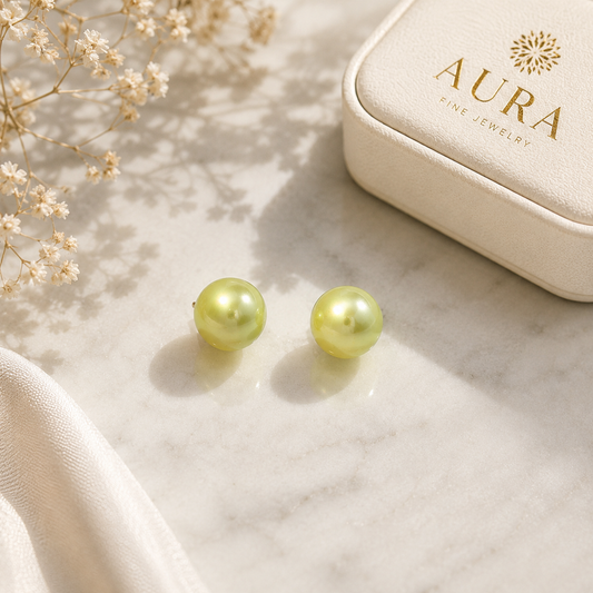 Light Green Pearl Stud Earrings in Yellow Gold