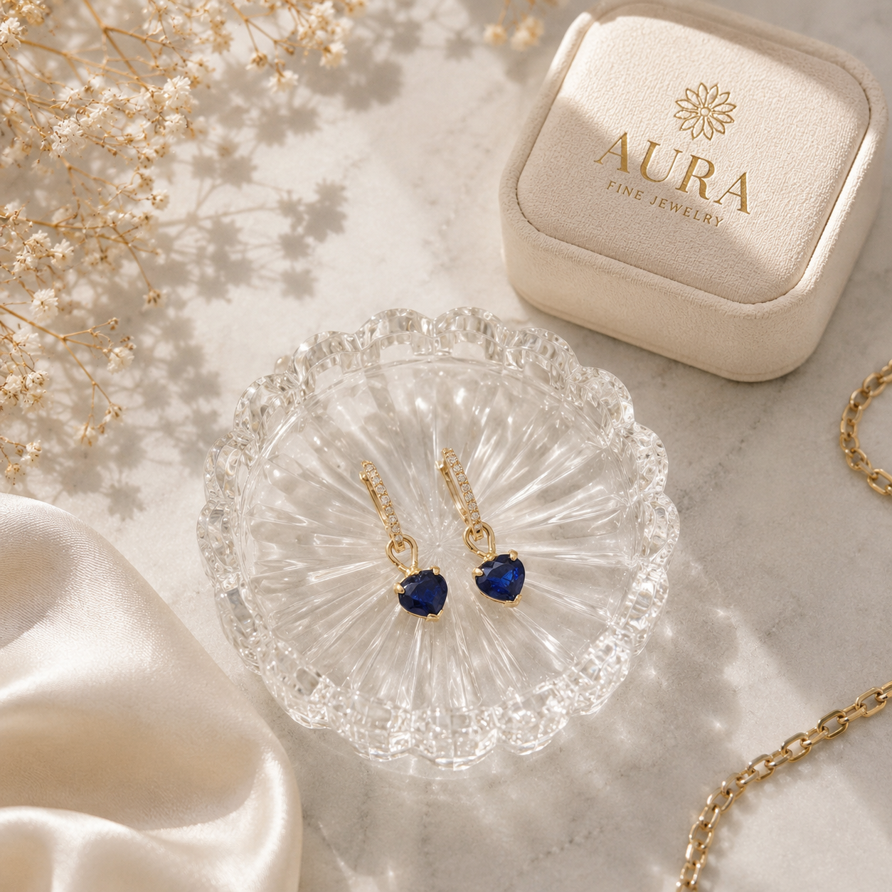 Heart-Shaped Royal Blue Sapphire Drop Earrings in Yellow Gold