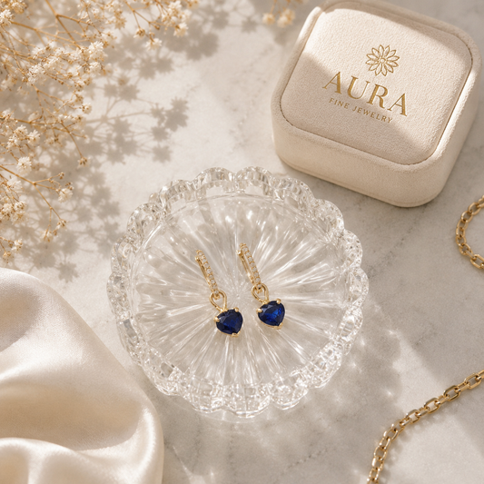 Heart-Shaped Royal Blue Sapphire Drop Earrings in Yellow Gold