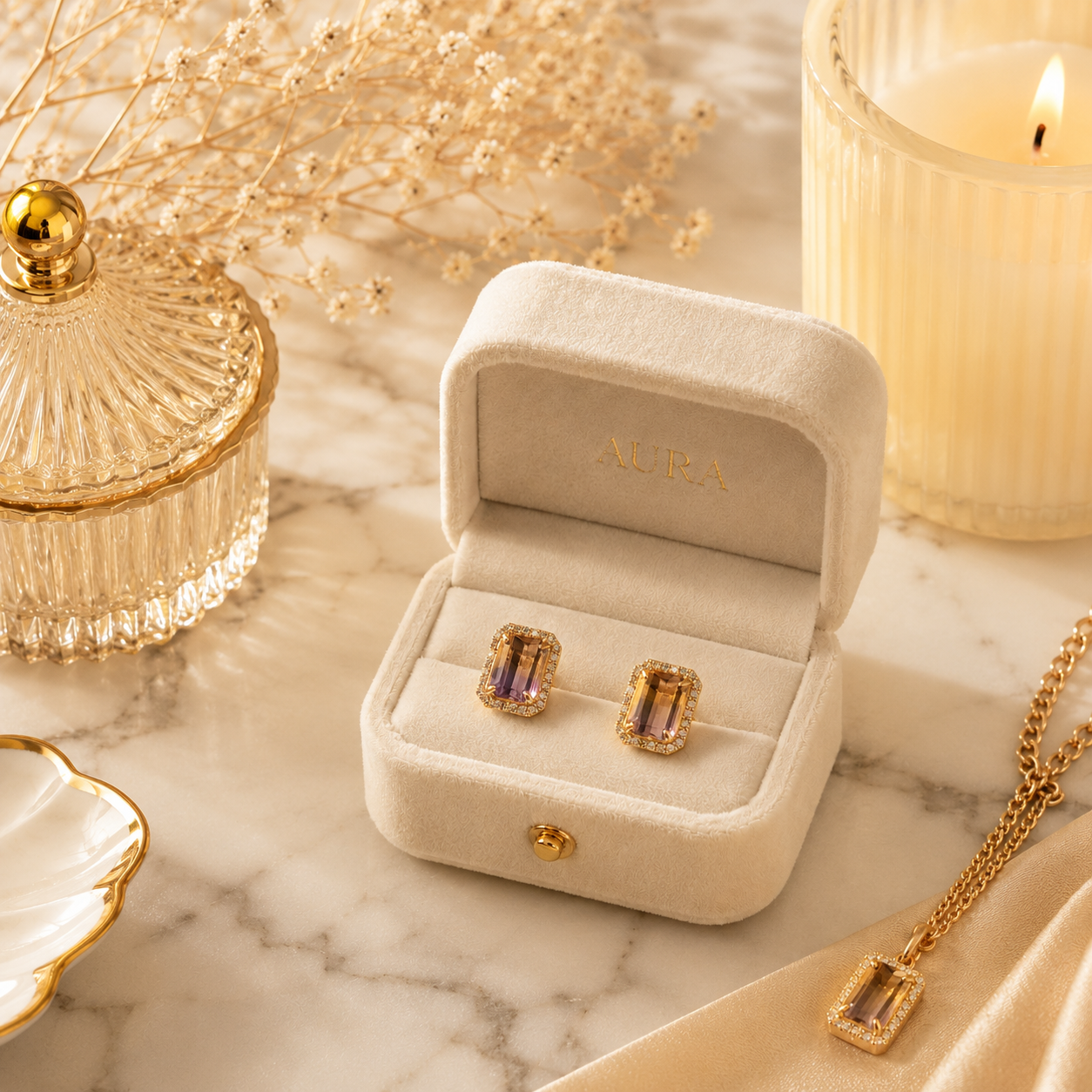 Rectangular Amethyst Halo Stud Earrings in Yellow Gold