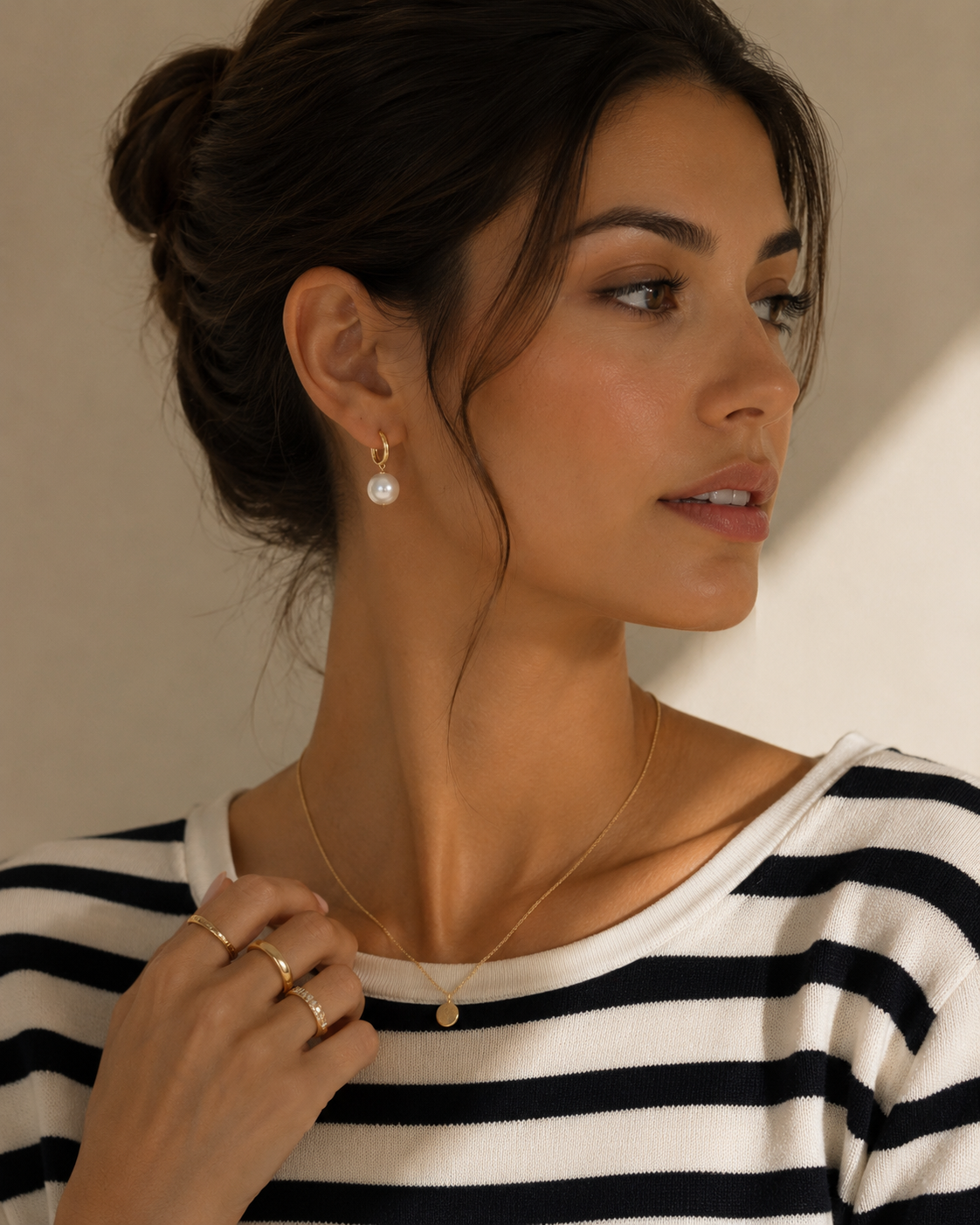Yellow Gold Round White Pearl Drop Earrings