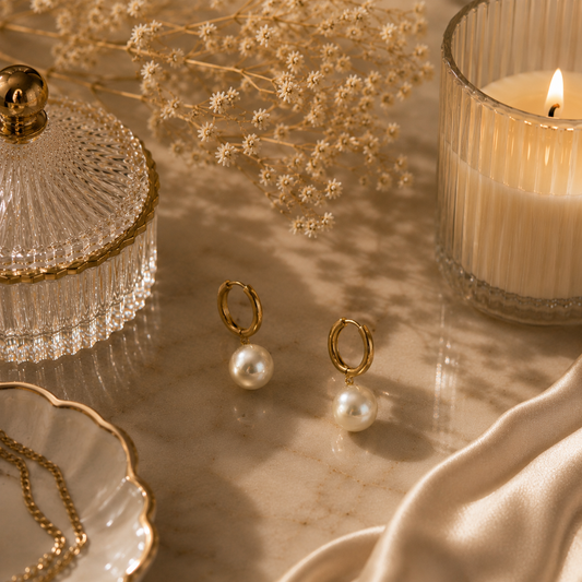 Yellow Gold Round White Pearl Drop Earrings