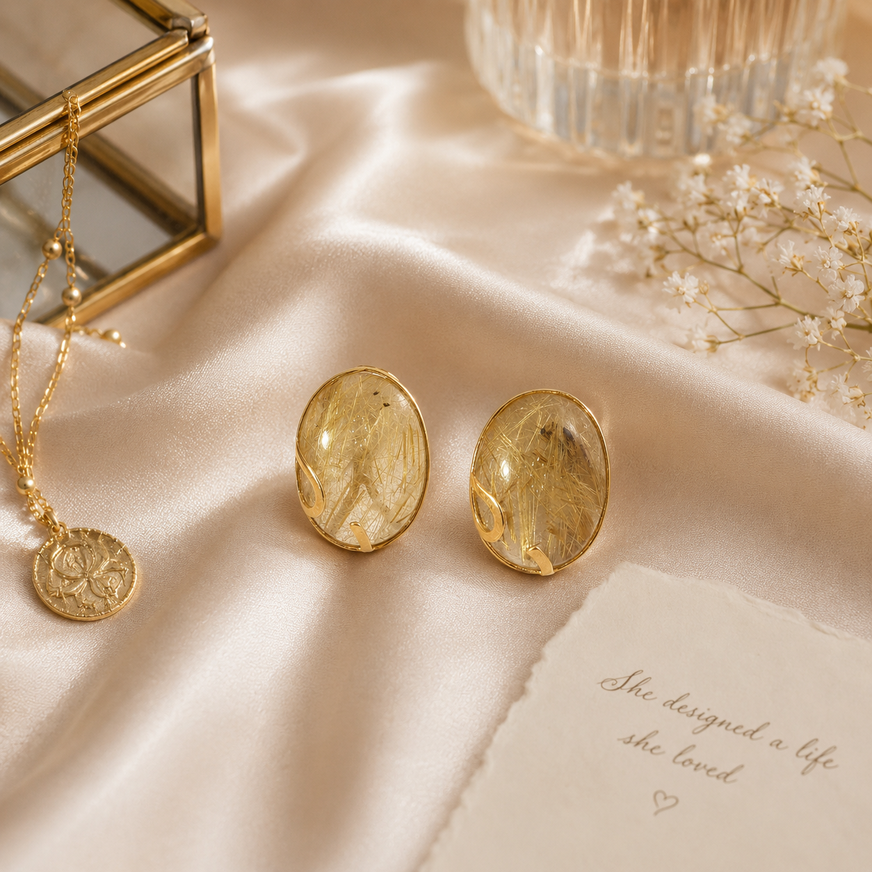 Oval Rutilated Quartz Stud Earrings in Yellow Gold
